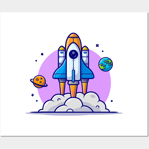 Space Shuttle Taking Off with Planet and Earth Space Cartoon Vector Icon Illustration Wall Art by Catalyst Labs